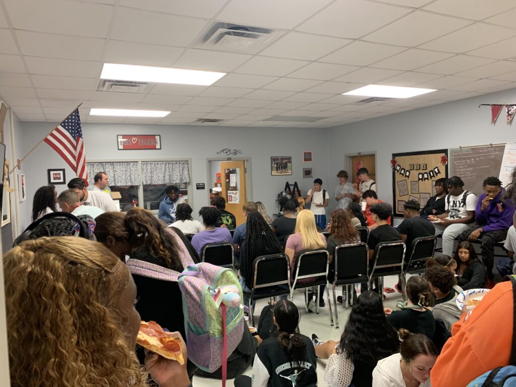 There is standing room only at Dunnellon High School for the Tiger Bible Club. Students listen to a class mate give a devotional